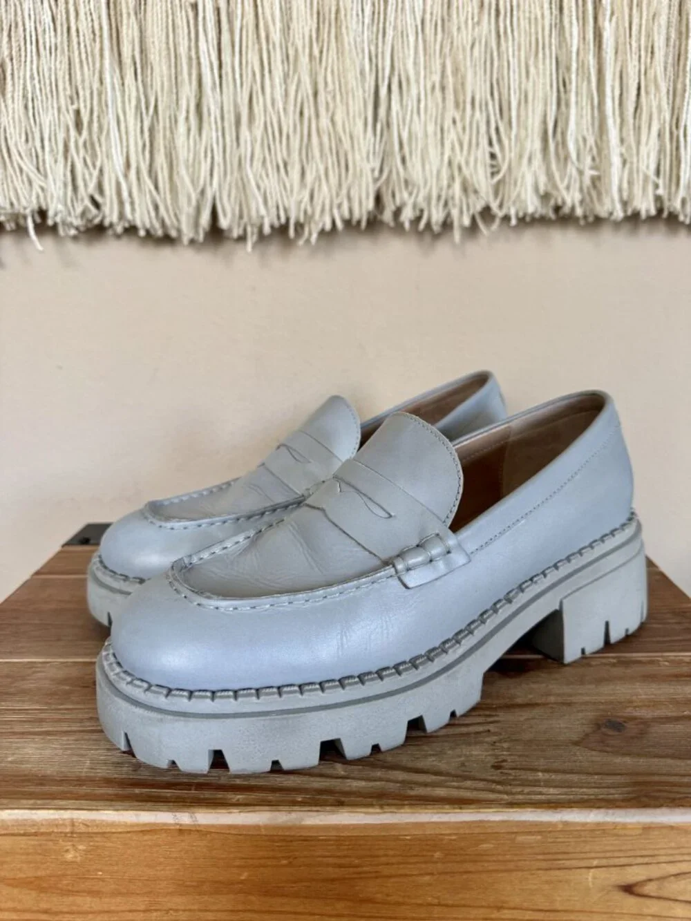 Free People Lyra Dusty Blue Genuine Leather Platform Lug Sole Loafer Size 8/38.5